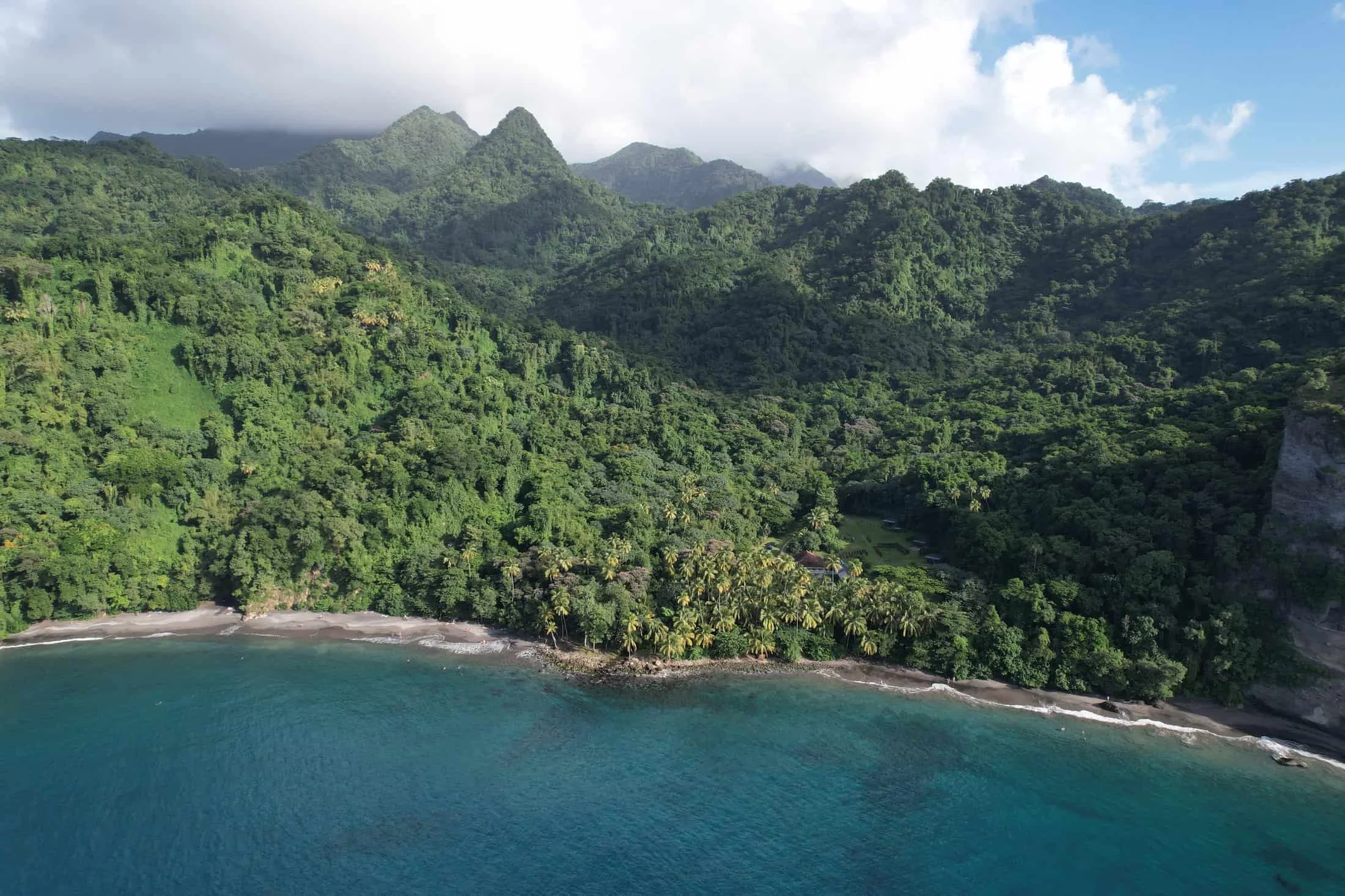 Vue aérienne de la Montagne Pelée en Martinique, avec son sommet verdoyant et ses paysages environnants.